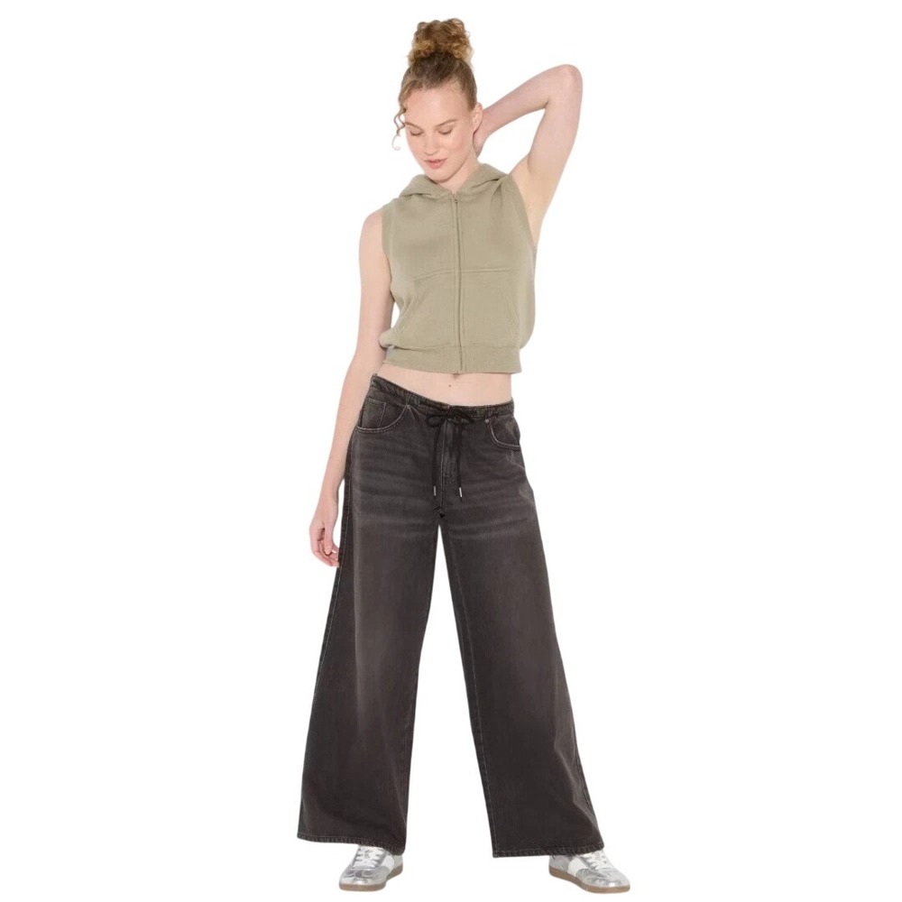 Wild Fable Women's Washed Black Drawstring Wide Leg Denim Jeans Size Small